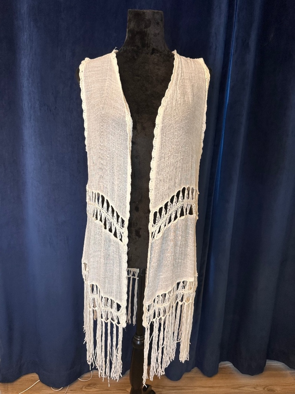 Questions Boho Ivory Fringe Macramé Open Vest - Crochet Trim Longline Festival